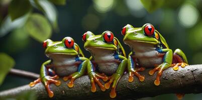 wildlife of frogs perched on rocks and trees in the forest photo