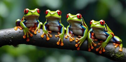 wildlife of frogs perched on rocks and trees in the forest photo
