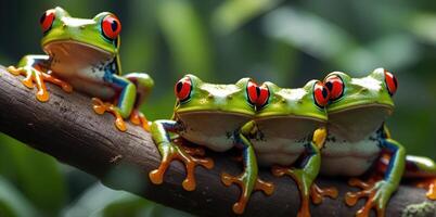 wildlife of frogs perched on rocks and trees in the forest photo