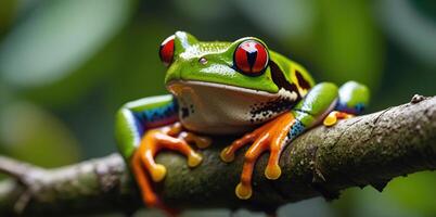 wildlife of frogs perched on rocks and trees in the forest photo