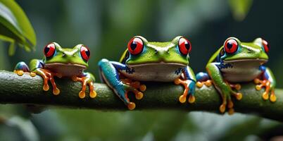 wildlife of frogs perched on rocks and trees in the forest photo
