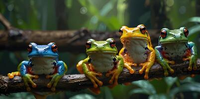 wildlife of frogs perched on rocks and trees in the forest photo