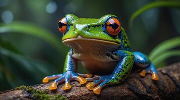 wildlife of frogs perched on rocks and trees in the forest photo