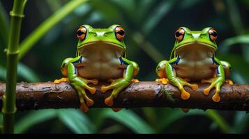 wildlife of frogs perched on rocks and trees in the forest photo