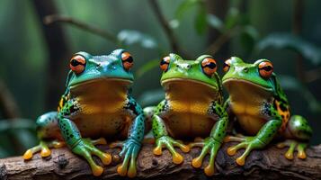 wildlife of frogs perched on rocks and trees in the forest photo