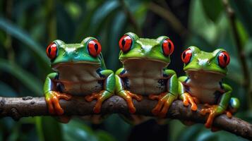 wildlife of frogs perched on rocks and trees in the forest photo