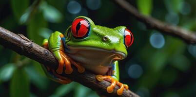 wildlife of frogs perched on rocks and trees in the forest photo