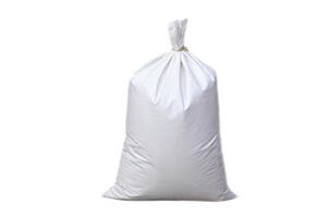 White polypropylene sack that contain full of agricultural grains, tied on the top with bamboo rope, isolated on white background. Concept, reusable bag for contain crops, fertilizer, others. photo