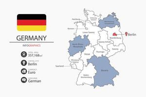 Germany map infographic elements with flag of city. Separate of heading is total areas, Currency, Language and the capital city in this country. vector