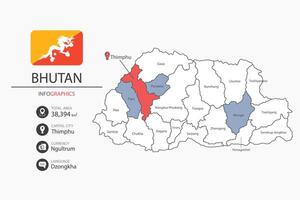 Bhutan map infographic elements with flag of city. Separate of heading is total areas, Currency, Language and the capital city in this country. vector