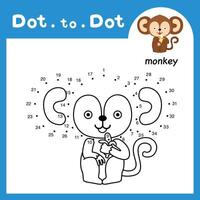 Dot to dot educational game and coloring book of monkey animal cartoon for preschool kids activity about learning counting number and handwriting practice worksheet. illustration vector