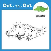 Dot to dot educational game and coloring book of alligator animal cartoon for preschool kids activity about learning counting number and handwriting practice worksheet. illustration vector