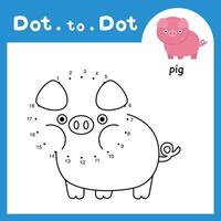 Dot to dot educational game and coloring book of pig animal cartoon for preschool kids activity about learning counting number and handwriting practice worksheet. illustration vector