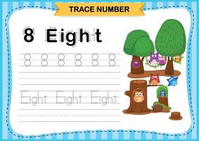 Numbers exercise with cartoon vocabulary.Trace number design for learning handwriting illustration vector
