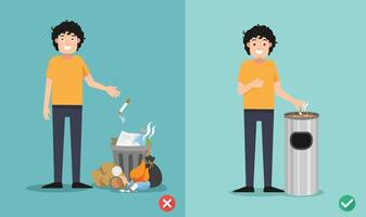 Do not throw cigarette butts on the floor,wrong and right. illustration vector
