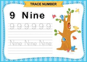 Numbers exercise with cartoon vocabulary.Trace number design for learning handwriting illustration vector