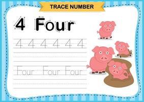 Numbers exercise with cartoon vocabulary.Trace number design for learning handwriting illustration vector