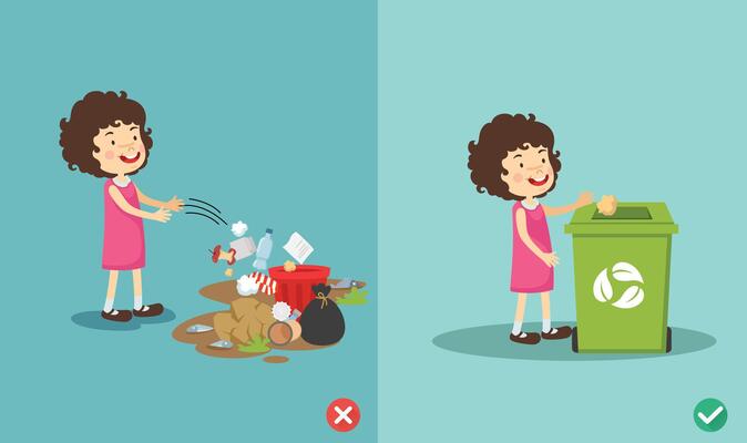 Do not throw littering on the floor.wrong and right. illustration