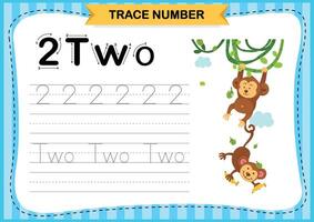 Numbers exercise with cartoon vocabulary.Trace number design for learning handwriting illustration vector