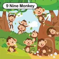 Flashcard number nine with 9 monkey learning for kid illustration vector