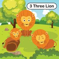 Flashcard number three with 3 lion learning for kid illustration vector