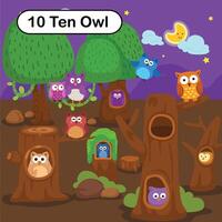 Flashcard number ten with 10 owl learning for kid illustration vector