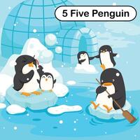 Flashcard number five with 5 penguin learning for kid illustration vector