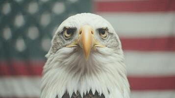 Majestic Bald Eagle Close-Up Against American Flag Background - Powerful Symbol of Freedom and Patriotism in Stunning Detail photo