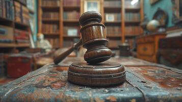 Wooden gavel on aged desk with law books in the background. Law, justice, and judiciary concept. Design for legal services, court documents, and law firm marketing. photo