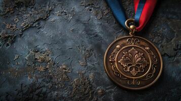 Clásico bronce medalla en azul y rojo cinta acostado en oscuro texturizado superficie. de cerca fotografía con Copiar espacio. logro y premio concepto para diseño y impresión. foto