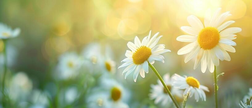 suave luz de sol mediante margarita campo, pacífico manzanilla en idílico ligero. foto