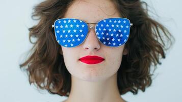 Woman with American Flag Sunglasses, Red Lips, Summer Patriotic Fashion, Close-Up, Independence Day Eyewear photo