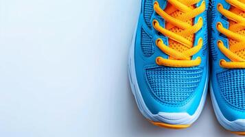 Vibrant Blue and Yellow Running Shoes Isolated on Bright White Background - Perfect for Fitness Enthusiasts photo