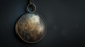 Vintage textured pendant with copy space on dark background. Product photography with copy space. Antique jewelry concept for design and print. photo