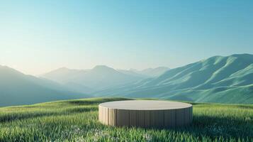 Wooden circular podium on a hill with springtime blossoms and mountain background. Eco-friendly product display and nature concept with copy space. 3D render for branding and outdoor design. photo