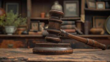 Wooden gavel on aged desk with law books in the background. Law, justice, and judiciary concept. Design for legal services, court documents, and law firm marketing. photo