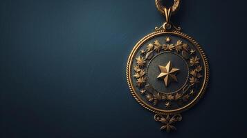 Antique star medallion with intricate design on dark blue background. Close-up, detailed jewelry photography for design and print. photo