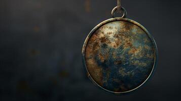 Vintage textured pendant on dark background. Product photography with copy space. Antique jewelry concept for design and print. photo