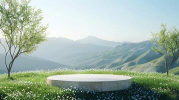 Outdoor product podium in a spring valley with lush grass and mountain range. Ideal for product display and nature themes. 3D visualization with a serene environment for design and marketing. photo