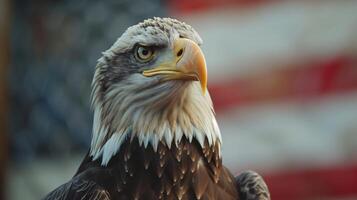 Majestic Bald Eagle Portrait with American Flag Background, Symbolizing Freedom and Strength, Patriotic Theme, Wildlife Photography for Independence Day and National Parks, Close-Up View photo