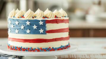 Patriotic American Flag Cake with Whipped Cream and Sprinkles Celebrating Fourth of July Independence Day photo