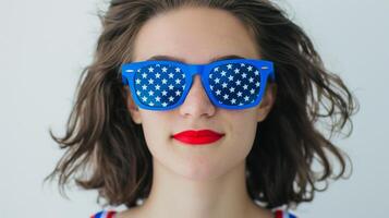 Woman with Red Lips Wearing Blue Star-Patterned Sunglasses Celebrating Fourth of July photo