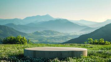 Outdoor product podium in a spring valley with lush grass and mountain range. Ideal for product display and nature themes. 3D visualization with a serene environment for design and marketing. photo