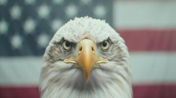 Majestic Bald Eagle Close-Up with American Flag Background Symbolizing Patriotism and National Pride in Soft Focus, Ideal for Independence Day, Veterans Day, Memorial Day, Nature, Wildlife photo