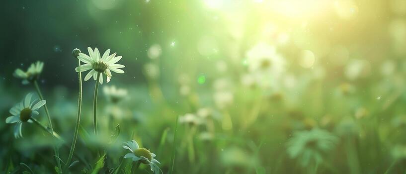 manzanilla flores alcanzando hacia Mañana luz de sol, sereno antecedentes. foto