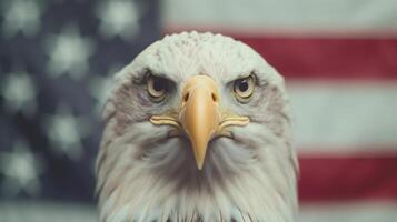 Majestic Bald Eagle Staring Intently with American Flag Background Symbolizing Patriotism Freedom and Strength in Photorealistic Detail Ideal for Independence Day Memorial Day and Veterans Day Designs photo