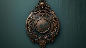 Antique bronze medallion with laurel and filigree design on teal background. Studio close-up photography for design and print. photo