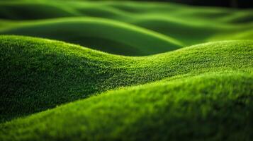 Undulating green hills of a golf course with textured grass and shadows. Tranquil nature and leisure concept. Design for golfing event promotions, sports background. photo