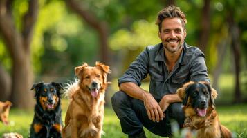 Cheerful Man Smiling in a Sunny Park With Three Happy Dogs, Vibrant Green Nature Background, Outdoor Casual Photo
