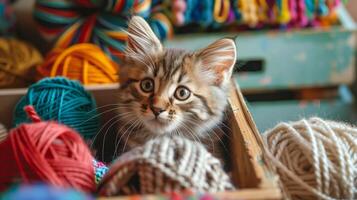 Cute Kitten in Yarn Basket Surrounded by Colorful Wool Balls in Cozy Crafts Room - Perfect for Knitting and Sewing Lovers, Adorable Feline in Creative Space photo